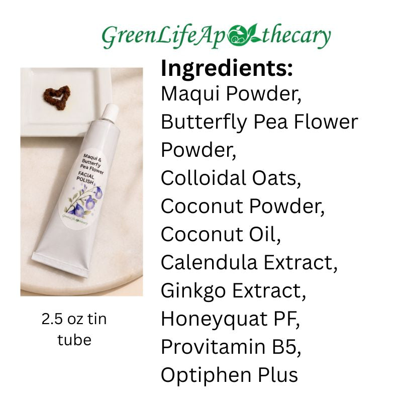 A white tube of GreenLife Apothecary facial and body scrub shown next to a text list of ingredients including Maqui Powder, Butterfly Pea Flower Powder, Colloidal Oats, Coconut Powder, Coconut Oil, Calendula Extract, Ginkgo Extract, Honeyquat PF, Provitamin B5, and Optiphen Plus.