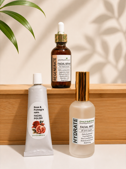 Complete 3-step botanical skincare set with facial polish, hydrating mist and bakuchiol facial serum to nourish, hydrate and support youthful-looking skin.
