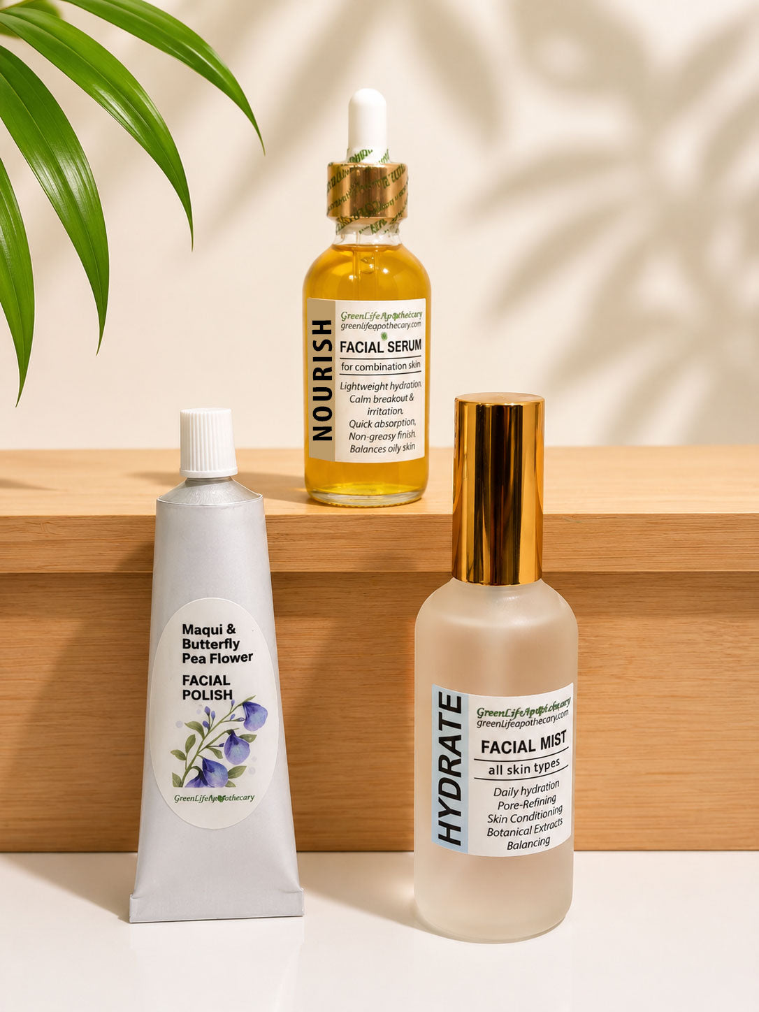 Complete botanical skincare routine featuring a facial polish, hydrating facial mist and nourishing facial serum for healthy, glowing skin.