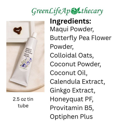 A white tube of GreenLife Apothecary facial and body scrub shown next to a text list of ingredients including Maqui Powder, Butterfly Pea Flower Powder, Colloidal Oats, Coconut Powder, Coconut Oil, Calendula Extract, Ginkgo Extract, Honeyquat PF, Provitamin B5, and Optiphen Plus.