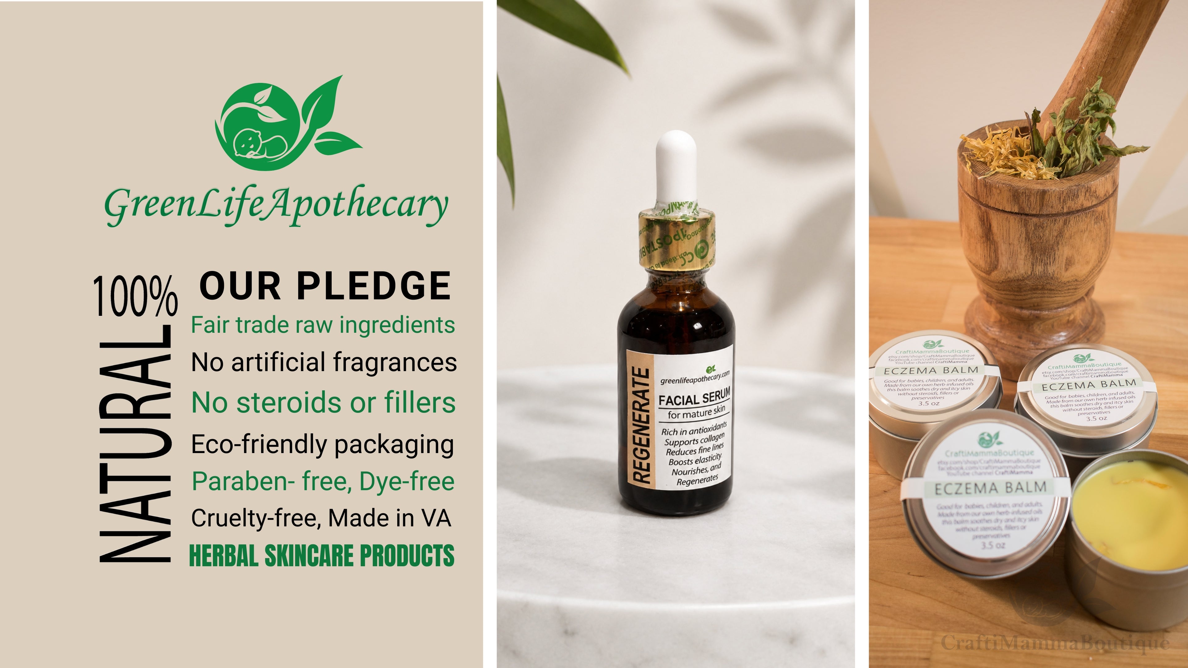 100% NATURAL, Fair trade raw ingredients, No artificial fragrances, No steroids or fillers, Eco-friendly packaging, Paraben- free, Dye-free, Cruelty-free, Made in VA, CONSCIOUSLY MADE HERBAL SKINCARE PRODUCTS