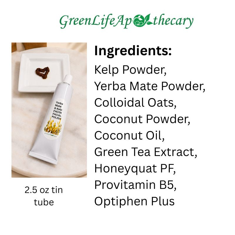 A white tube of GreenLife Apothecary herbal cream is displayed on a marble surface. The right side of the image features a list of ingredients including Kelp Powder, Yerba Mate Powder, Colloidal Oats, Coconut Powder, Coconut Oil, Green Tea Extract, Honeyquat PF, Provitamin B5, and Optiphen Plus.