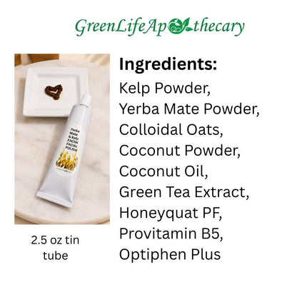 A white tube of GreenLife Apothecary herbal cream is displayed on a marble surface. The right side of the image features a list of ingredients including Kelp Powder, Yerba Mate Powder, Colloidal Oats, Coconut Powder, Coconut Oil, Green Tea Extract, Honeyquat PF, Provitamin B5, and Optiphen Plus.