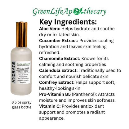 A 3.5 oz spray glass bottle of GreenLife Apothecary Hydrate Facial Mist with a metallic gold cap, shown next to a text panel detailing its key ingredients like Aloe Vera, Cucumber Extract, Chamomile Extract, Calendula Extract, Comfrey Extract, and Pro-Vitamin B5 on a white background.