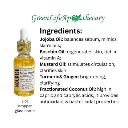 A 2 oz dropper bottle of GreenLife Apothecary Nourish Facial Serum with a gold cap and white dropper, shown next to its ingredients list on a white background. The ingredients listed are Jojoba Oil, Rosehip Oil, Mustard Oil, Turmeric & Ginger, and Fractionated Coconut Oil.