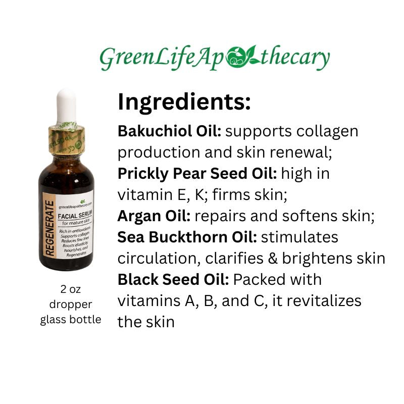A skincare dropper bottle labeled REGENERATE by GreenLife Apothecary, shown on a white background with text listing ingredients including bakuchiol oil, prickly pear seed oil, argan oil, sea buckthorn oil, and black seed oil.