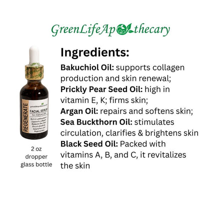 A skincare dropper bottle labeled REGENERATE by GreenLife Apothecary, shown on a white background with text listing ingredients including bakuchiol oil, prickly pear seed oil, argan oil, sea buckthorn oil, and black seed oil.